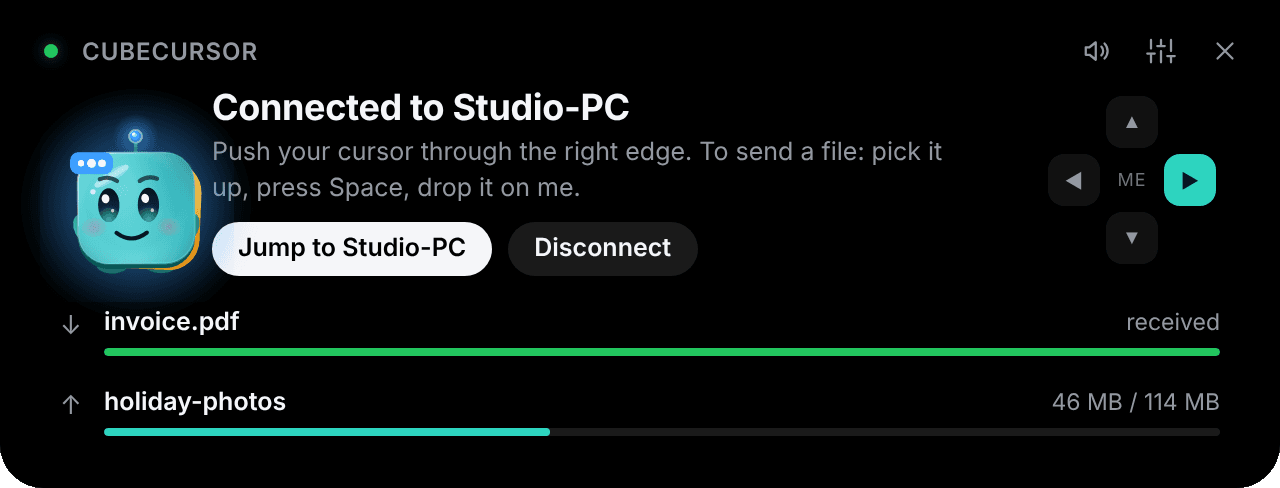 The CubeCursor bar, connected to Studio-PC, with two file transfers