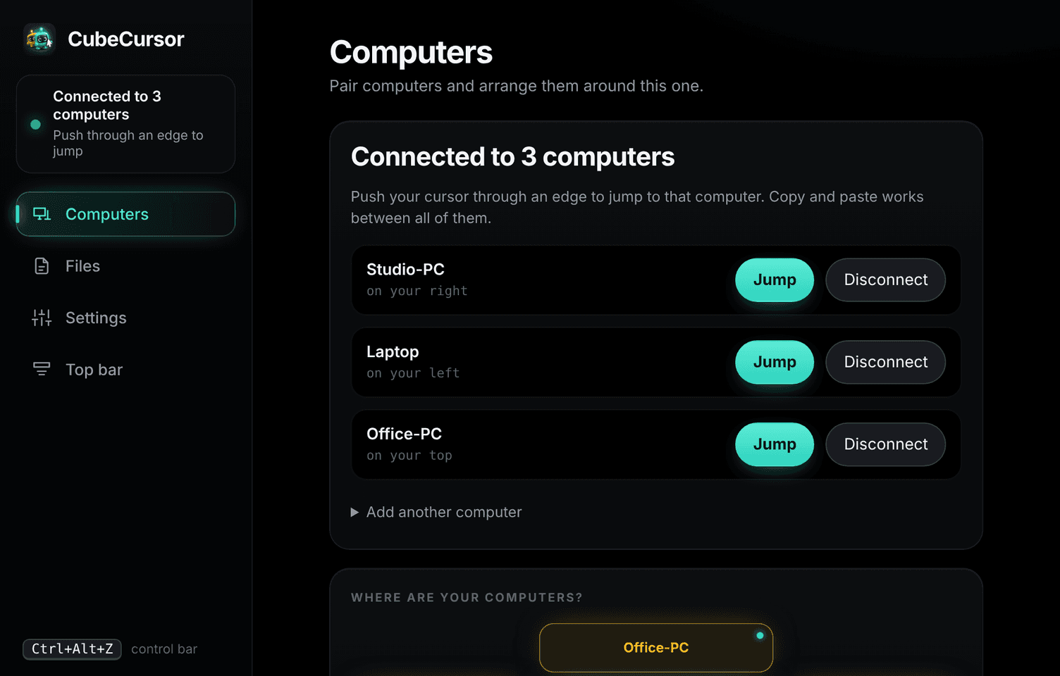 The Computers page in CubeCursor, listing three connected PCs with Jump buttons